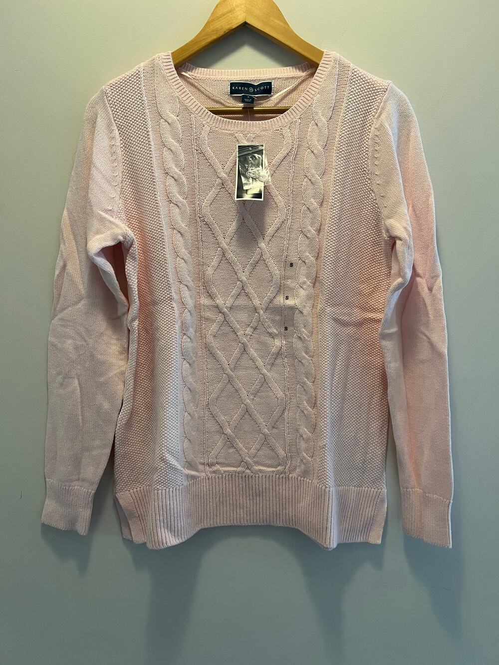 NWT Karen Scott Light Pink Cable Knit Crew Neck Sweater Size Small JL